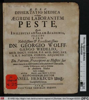 Dissertatio Medica exhibens Aegrum Laborantem Peste
