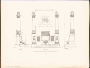 Feuerwehrdenkmal auf dem Mariannenplatz, Berlin: Lageplan, Vorderansicht, Seitenansicht, Schnitt (aus: Neubauten der Stadt Berlin, Bd. III, 1904)