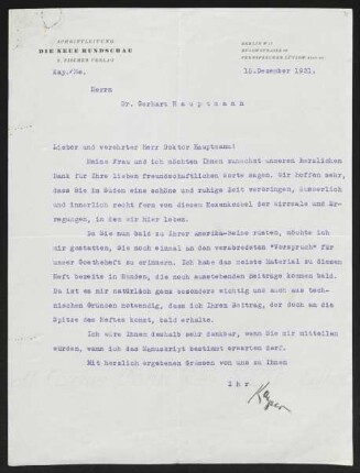 Brief von Rudolf Kayser von Die Neue Rundschau <Zeitschrift> an Gerhart Hauptmann