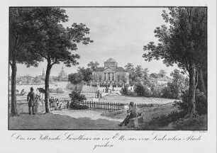 Das von Villersche Landhaus an der Elbe, aus dem Linkeschen Bade gesehen : Dresden-Neustadt. Ansicht der Villa in der Landschaft, kolorierter Stich um 1845 von J.C.A. Richter, Stadtmuseum Dresden