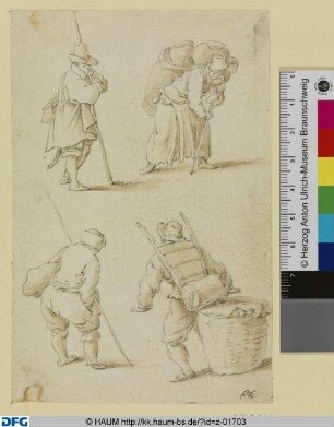 Skizzenbuchblatt: Drei Männer und eine Kiepenträgerin mit Tonkrügen