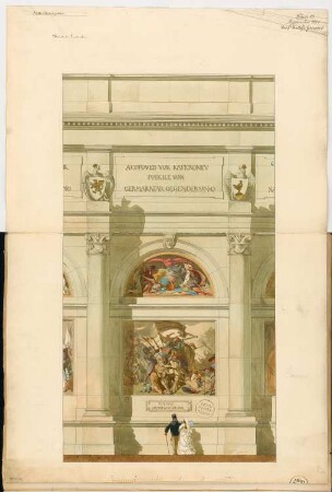 Umgestaltung der Schlossfreiheit, Berlin Monatskonkurrenz September 1874: Aufriss eines Außenwandabschnittes mit Wandbildern; Maßstabsleiste