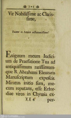 Vir Nobilissime ac Clarissime, Fautor et Amice aestumatissime!