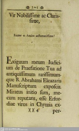 Vir Nobilissime ac Clarissime, Fautor et Amice aestumatissime!