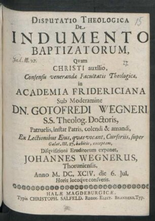 Disputatio Theologica De Indumento Baptizatorum
