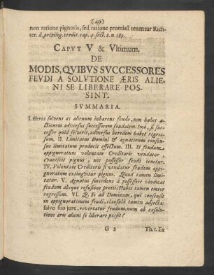 Caput V & Ultimum. De Modis, Quibus Successores Feudi A Solutione Aeris Alieni Se Liberare Possint.