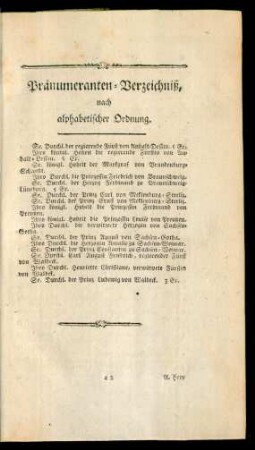 Pränumeranten-Verzeichniß, nach alphabetischer Ordnung
