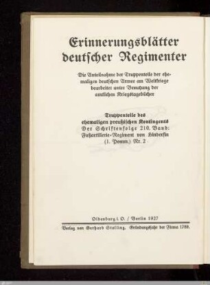 Titelblatt der Reihe - Erinnerungsblätter deutscher Regimenter