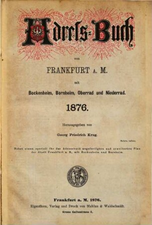 Adressbuch von Frankfurt am Main mit Bockenheim, Bornheim, Oberrad und Niederrad, 1876