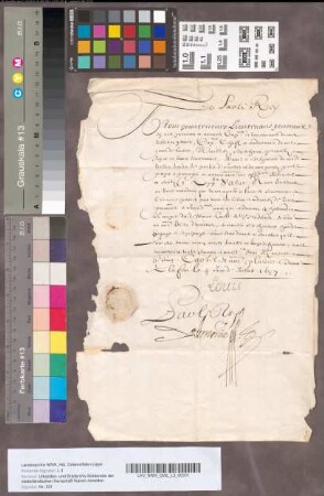 Vrijgeleide van Koning Lodewijk voor het lijk van den Graaf van Brederode, gestorven te Amiens, 4 Juli 1657. In het Fransch.