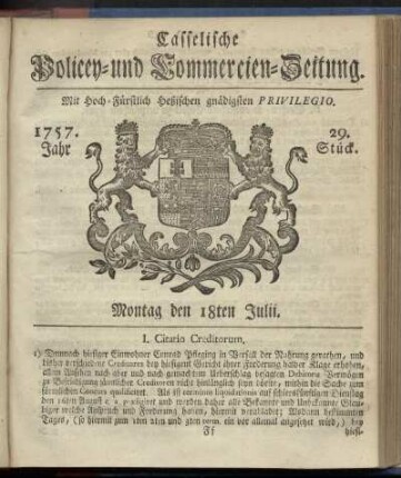 29. Stueck, Montag den 18ten Julii 1757