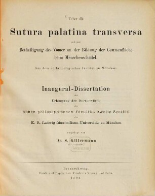 Ueber die Sutura palatina transversa und eine Betheiligung des Vomer an der Bildung der Gaumenfläche beim Menschenschädel