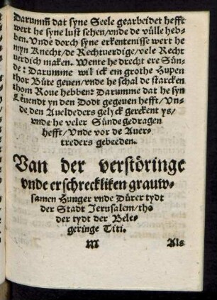 Van der verstöringe unde erschreckliken grauwsamen Hunger unde Dürer tydt der Stadt Jerusalem/ tho der tydt der Belegeringe Titi.