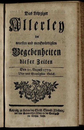 Den 21. August 1753. Vier und Dreysigstes Stück.