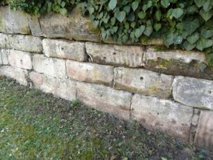 Kirchhofmauer im Südwesten - Werksteine im alten Mauersteinverband mit Zangenlöchern für Hebezeug - Verbund im Frühgotischen Stil