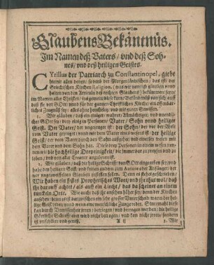 Glaubensbekäntnüs. Im Namen deß Vaters/ und deß Sohnes/ und deß heiligen Geistes.