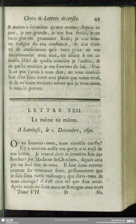 Lettre XXII. La même au même. A Lambese, le 1. Décembre, 1690