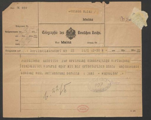 Brief an B. Schott's Söhne : 21.05.1919