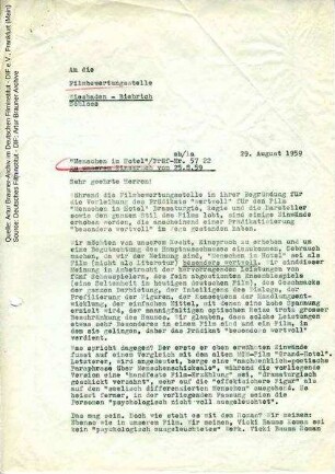 Brief von CCC an FBW, 29.08.1959