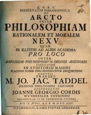 Dissertatio philosophica de arcto inter philosophiam rationalem et moralem nexu