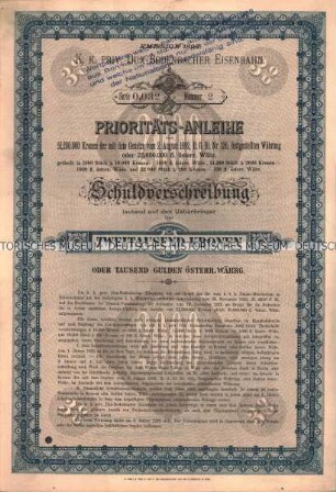 Schuldverschreibung zur Prioritäts-Anleihe der Dux-Bodenbacher Eisenbahn über 2000 Kronen