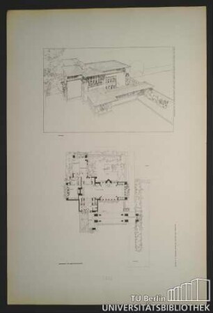 Tafel XXXIX. Wohnhaus im Vorort für Herrn Clark Peoria Illinois Perspektive und Grundriss.