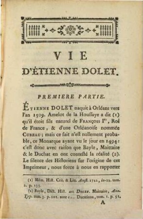 Vie d'Etienne Dolet, Imprimeur à Lyon dans le 16. Siècle