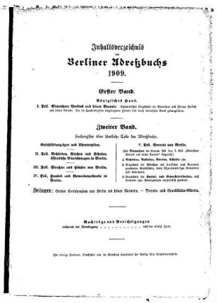Inhaltsverzeichnis des Berliner Adreßbuchs 1909
