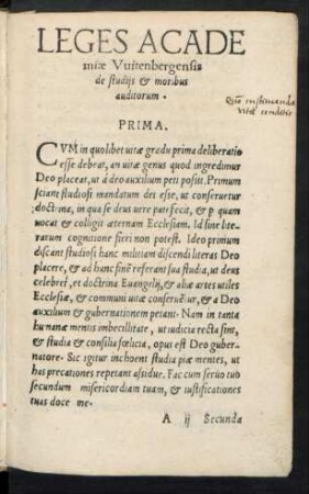 Leges Academiae Witenbergensis de studiis et moribus auditorum.