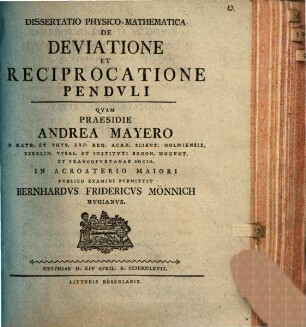 Dissertatio Physico-Mathematica De Deviatione Et Reciprocatione Pendvli