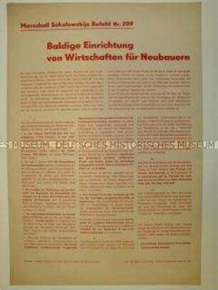 Maueranschlag mit Befehl Sokolowskijs Nr. 209 zur Einrichtung von Wirtschaften für Neubauern