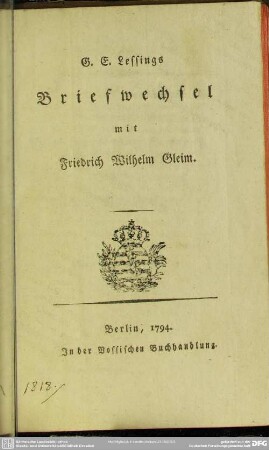 G. E. Lessings Briefwechsel mit Friedrich Wilhelm Gleim