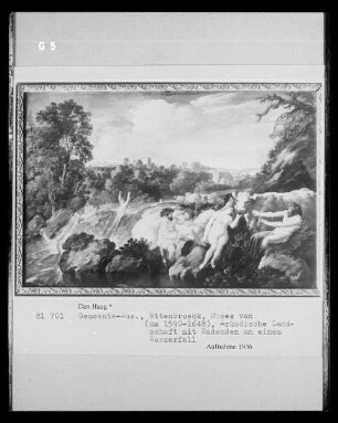 Arkadische Landschaft mit Badenden an einem Wasserfall