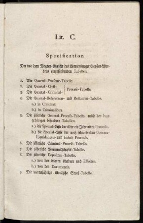 Lit. C. Specification Der von dem Vogtey-Gericht des Marienburger-Großen-Werders einzusendenden Tabellen