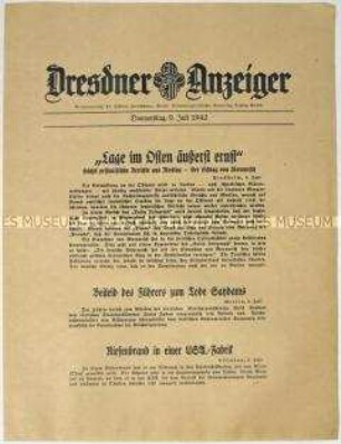 Nachrichtenblatt "Dresdner Anzeiger" u.a. zum Kriegsgeschehen an der Ostfront