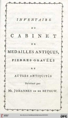 Inventaire du cabinet de medailles antiques, pierres gravées et autres antiquités