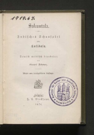 Sakuntala : Indisches Schauspiel von Kalidasa