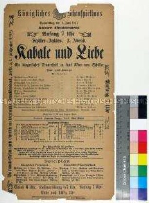 Programm des Königlichen Schauspielhauses Dresden für die Aufführung von "Kabale und Liebe" am 1. Juni 1911