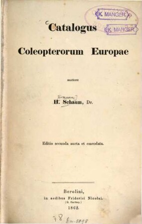 Catalogus Coleopterorum Europae auctore H. Schaum