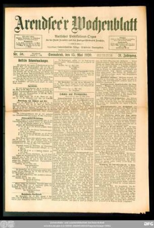 Arendsee'r Wochenblatt, Nr. 58. Sonnabend, den 15. Mai 1920.