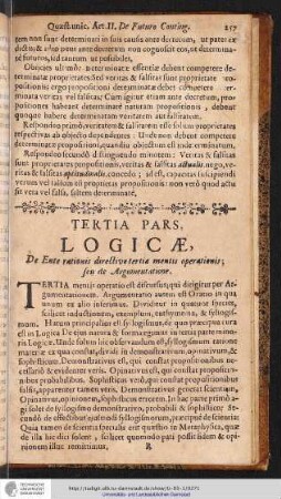 TERTIA PARS. LOGICAE, De Ente rationis directivo tertia mentis operationis; seu de Argumentatione.