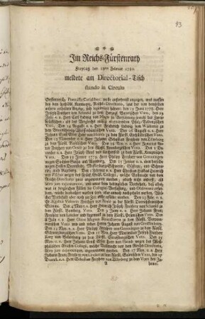 Im Reichs-Fürstenrath Freytag den 18ten Februar 1780. meldete am Directorial-Tisch stando in Circulo.