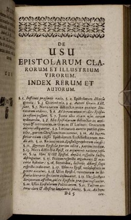 De Usu Epistolarum Clarorum Et Illustrium Virorum. Index Rerum Et Autorum.