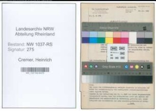Entnazifizierung Heinrich Cremer , geb. 26.04.1902 (Inspektor)