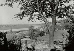Dresden-Loschwitz. Blick von einer Gartenterrasse am Loschwitzer Elbhang über den Körnerweg zur Elbe mit Loschwitzer Hafen