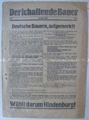 Mitteilungsblatt der SPD Ostsachsen für die Landbevölkerung zur Reichspräsidentenwahl 1932 mit der Aufforderung, Hindenburg zu wählen