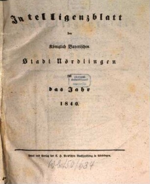 Intelligenzblatt der Königlich Bayerischen Stadt Nördlingen. 1840