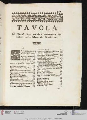 Tavola di molte cose notabili contenute nel Libro delle Memorie Bresciane