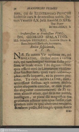 XII. Praestantissimo ac Eruditissimo Viro, Dn. Georgio Spalatino … : [Ex Patavia 7. Sept. Ao. Gratiae 1518.; Tuus Bolfgangus de Tanberg, &c.]