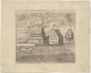 Die Papiermühle am Weißeritzmühlgraben in Dresden (heute Eisenbahnzwickel südöstlich der Rosenstraße) im Zustand von 1730 mit Windrad